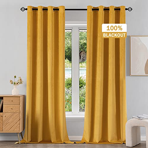 Emema 100% Blackout Velvet Curtains 84 Inches Long Yellow Curtains Drapes Bedroom Living Room Darkening Window Treatment Drapes Thermal Insulated Grommet Light Blocking, 2 Panels, W52 X L84 #TOP6