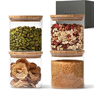 KIVY Set Bocaux en Verre Hermétique [4 x 600 ml] – Bocaux verre avec Couvercles en Bambou Durable – Bocal en verre avec Couvercle – Bocaux Conservation Verre – Bocal verre – Bocal pates