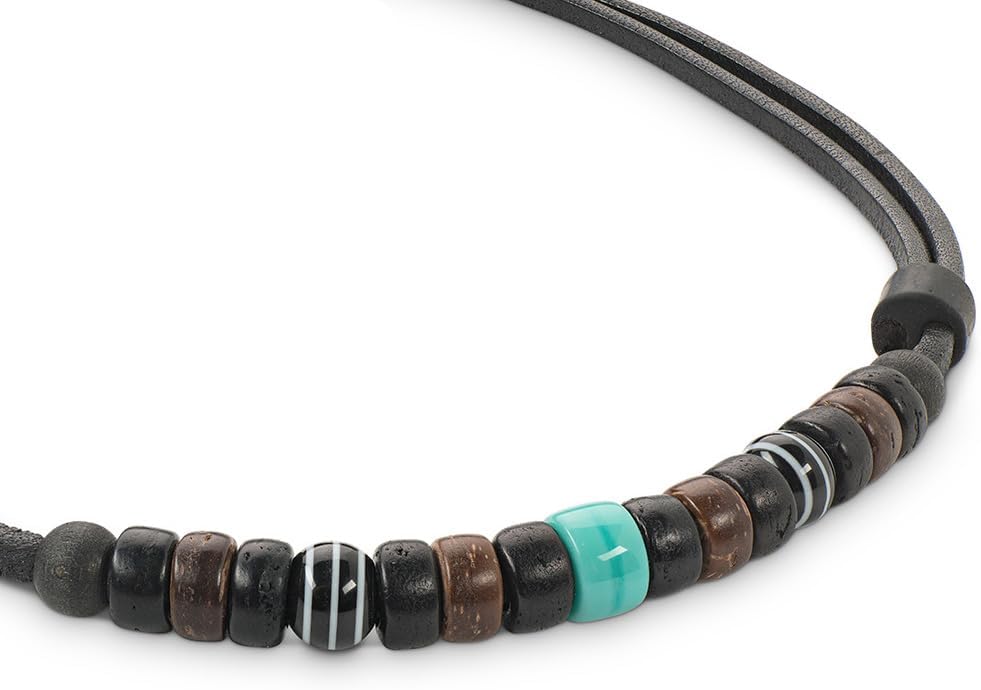 HANA LIMA Leather Necklace – Handmade Adjustable Unisex Jewelry with Coconut Beads and Natural Materials, Boho Surfer Style Necklace with Turquoise Glass Bead – Made in Germany