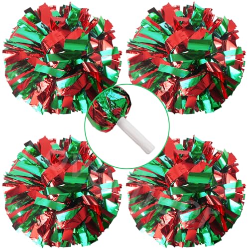 Lovecheer 4PCS Metallic Red and Green Pom Poms Cheerleading Sports Pom Poms Cheer Team Spirits Football Basketball Cheerleader Training