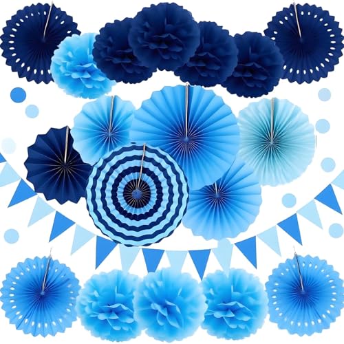 Image of XIKSXITN 12 pc Blue Tissue Paper Pom poms in 3 Colors-Hanging Paper Pom Poms Paper Flowers Ball for Party Decorative(Navy Blue,Blue and Light Blue)