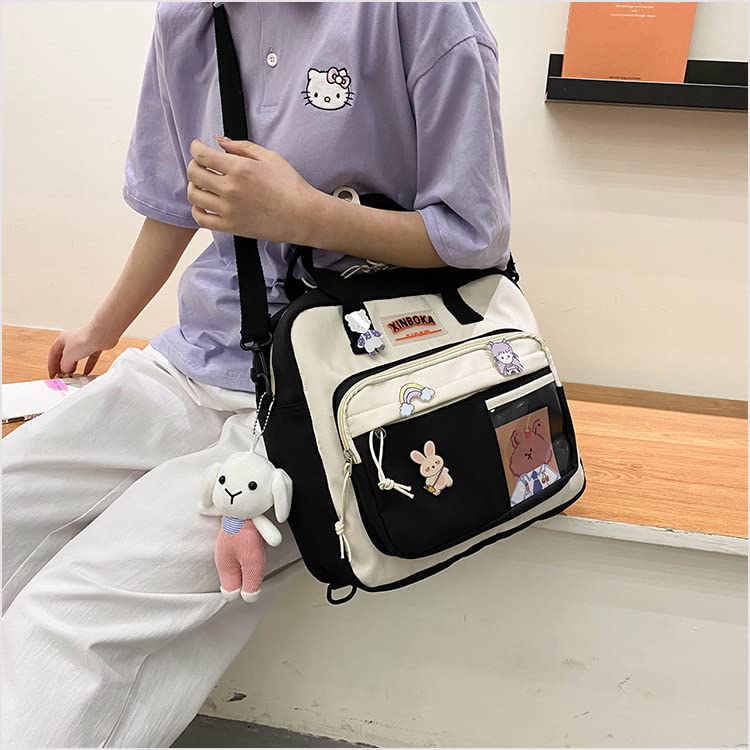 BXCNCKD Kawaii Cute Backpack with Pins and Plush Pendant - Girl Shoulder Bag for School & Travel (Black)2