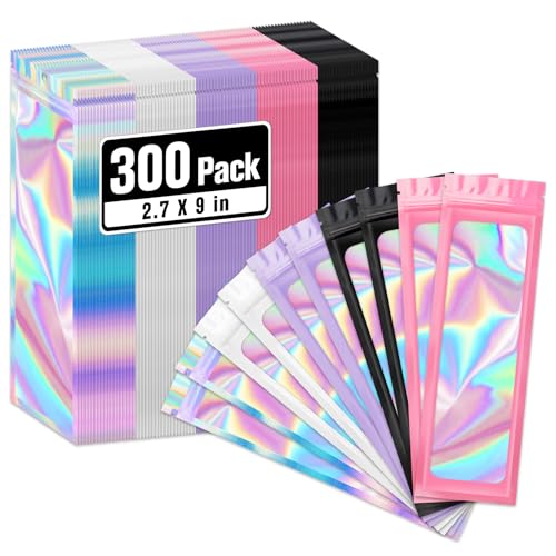 ANZNKU 300 Pack Multicolor Pen Bags Holographic Mylar Bags with Clear Window 2.7x9 In Smell Proof Packaging Bags for Small Business Resealable Foil Zipper Pouch for Jewelry Goodie Gift & Party Favor