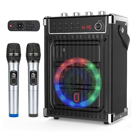 JYX Karaoke-Maschine mit 2 UHF-Funkmikrofonen, Bluetooth-Lautsprecher mit Bass-/Höhen-Einstellung und LED-Licht, PA-Systemunterstützung TWS, AUX in, FM, Rec, Versorgung für Party/Erwachsene/Kinder