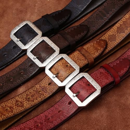 Men's Women's Embossed Leather Belt - Durable Pure Cowhide Western Strap with with Engraved Floral Silver Square Buckle(100cm/39, Brown)4