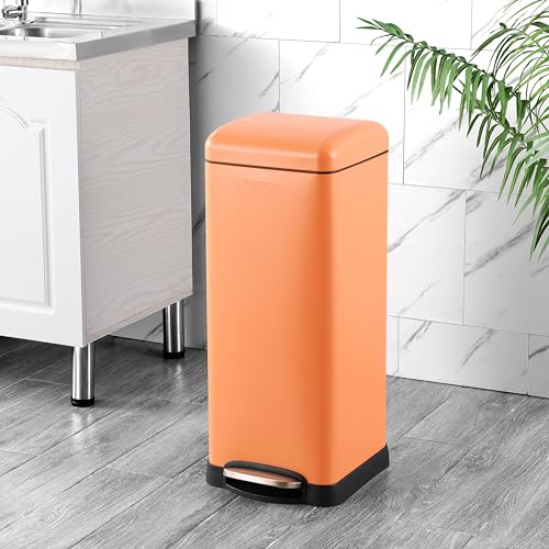 Image of happimess Betty 8 Gal Step Trash Can Soft-Close Lid, Carrot Cake | Removable Liner, Semi-Rectangular, Steel Pedal, Iron Powder Coated, 27 inch Height, Non-Skid Base