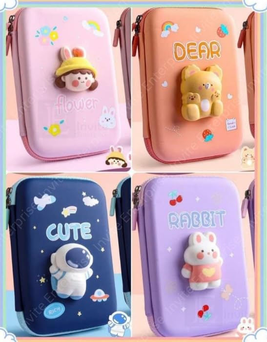 Image of Invite Enterprise 3D Polyester Cartoon Theme Pencil Case - Multipurpose Zipper Pouch for Kids, Girls - Stationery Storage Box (Cute Big) - Blue