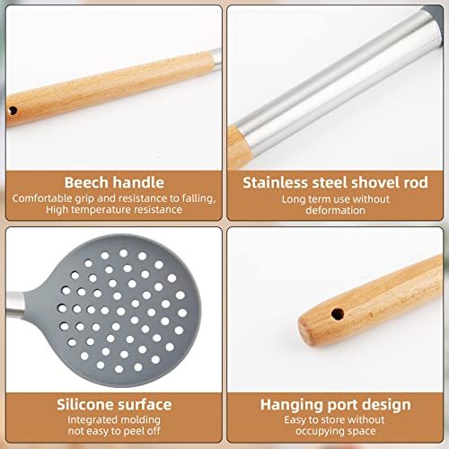 Large Silicone Cooking Utensil Heat Resistant Bpa Free Food Grade Kitchen Utensil With Wooden Handle For Nonstick And Wok(Skimmer Slotted Spoon) #TOP3