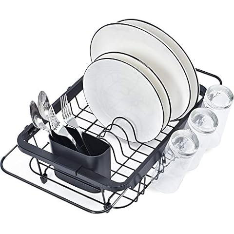Kingrack Dish Sink Drainer, Dish Drying Rack Over Sink, Extendable Dish Drainer Black With Removable Cutlery Holder, Glass Holder,Dish Rack in Sink or On Counter, Plate Rack Drainer for Kitchen, Black Cover