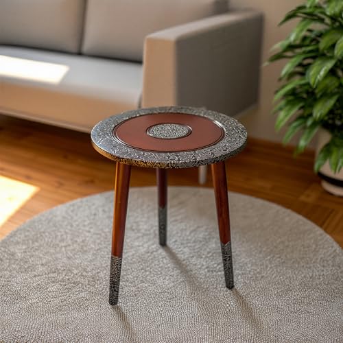 Image of Arvix Store Wooden Coffee Table with Engineered Wood Top- Solid Mango Wood Legs & Antique Aluminium Design- Perfect for Living Room & Home and Office Decor (Round)