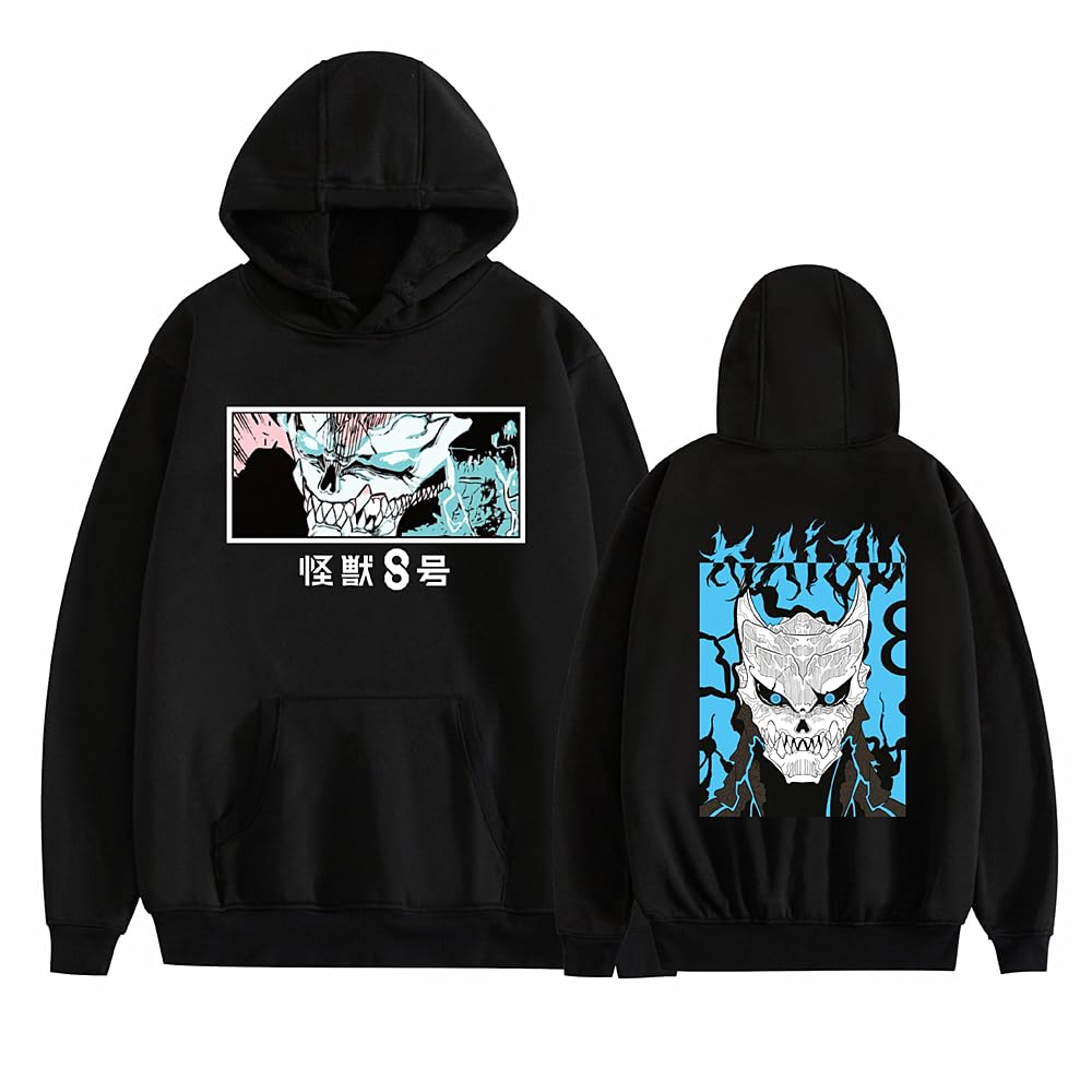 Charous Unisex Black Anime Kaiju No.8 Cartoon Print Hoodie Sweatshirts Used For Manga Kaiju No.eight Kafuka Hibino Fans Cosplay Gift