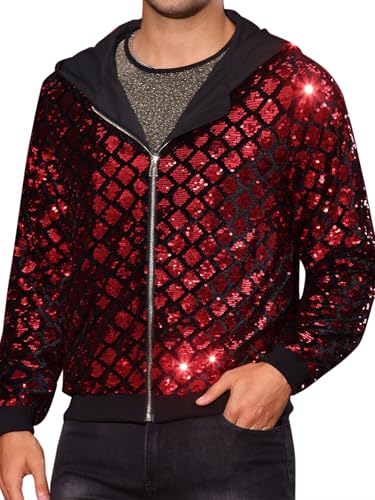 Image of Lars Amadeus Argyle Sequins Jackets for Men's Long Sleeves Metallic Shiny Hooded Disco Jacket