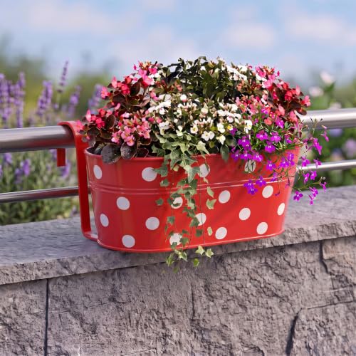 Image of TrustBasket Dotted Oval Railing Planters Basket - Red (Set of 5) | Hanging Planter | Anti Rust Plant Container Gamla for Home Decor | Indoor & Outdoor