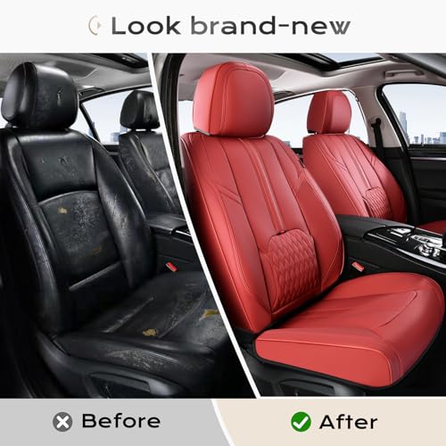 Image of Coverado Car Seat Covers, Front Seat Covers for Cars, 2 Pack Waterproof Seat Cover with Lumbar Support, Leather Car Seat Protector, Breathable Seat Covers Car Seat Cushions Fit for Most Cars (Red)