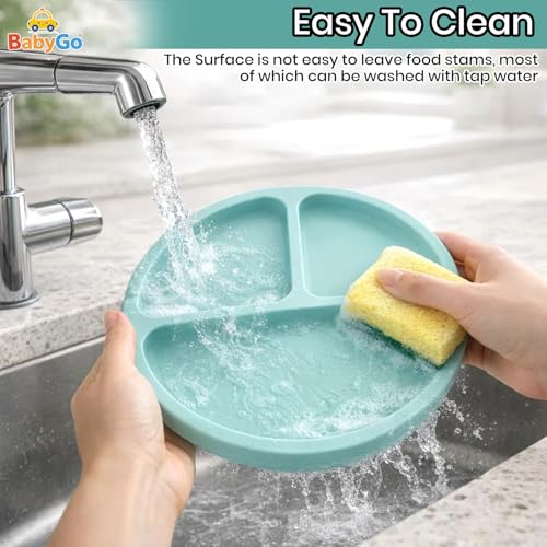 Image of BabyGo Silicone Suction Plate with Spoon for Babies | Microwave, Dishwasher & Freezer Safe | Unbreakable Feeding Plate with 4 Suction Cups for Babies & Toddlers | BPA-Free (Light Blue)