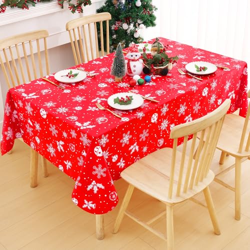 Image of Smiry Christmas Table Cloth, Flannel Backed Vinyl Tablecloth, 60 inchx120 inch | Waterproof Bell & Snowflake Plastic Tablecloths, Wipeable Table Cover for Christmas Table Decorations (White & Red)