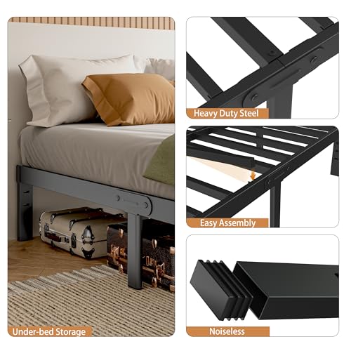 Image of Full Size Bed Frame No Box Spring Needed, 14 Inch Metal Full Bed Frame, DIY Headboard Holes, Heavy Duty Steel Support 3500 LBS, Noiseless, Round Corner Legs, Storage Space, Easy Assembly, Black