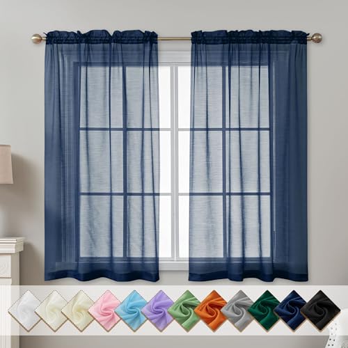 Image of Navy Blue Sheer Curtains 54 Inch Length, Privacy Semi Sheer Curtains for Dining Room Kitchen, Light Filtering Rod Pocket Voile Window Drapes 2 Panels Set, Each 42 inch W x 54 inch L