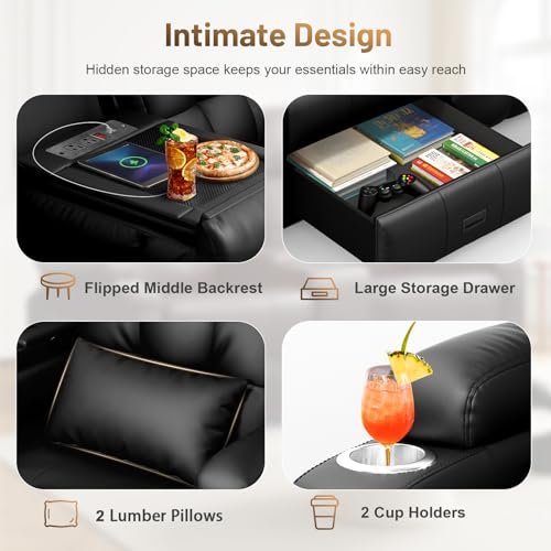 Image of Power Loveseat Recliner Sofa, Home Theater Seating with Heat Massage, Reclining Loveseats with Flip Backrest, Wall Hugger RV Couch Movie Theater Chairs, RV Furniture Sofas with USB, for Gaming Room