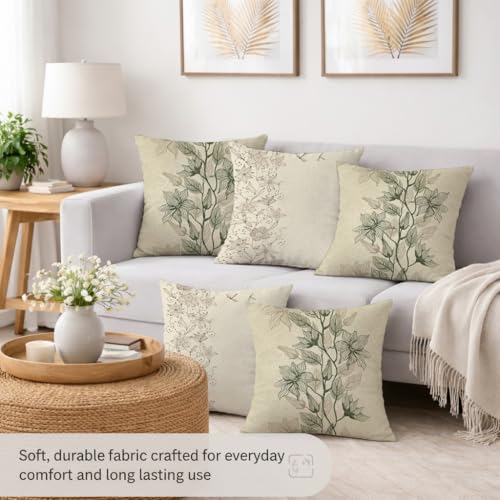 Image of STITCHNEST Set of 5 Polycotton Cushion Covers - 12x12 Inches - Beige & Olive Botanical Line Art Print - Elegant Floral Throw Pillow Covers for Sofa & Living Room | Perfect for Home Decor
