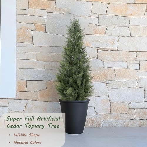 Image of Bellacat 3ft Artificial Topiary Trees Outdoor UV Resistant, 35in Fake Cypress Tree with Full & Realistic Leaves, Faux Cedar Tree for Proch Patio Front Door Deck Balcony Yard Decor, 2 Pack