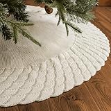 LimBridge Knitted Christmas Tree Skirt: 48 Inches Cream White Tree Skirt, Mermaid Tail Scales Edge Cable Knit Rustic Christmas Tree Decorations, Christmas Decor Xmas Holiday Home Party Decorations