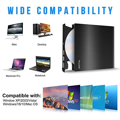 Valoinus External CD Drive, USB 3.0 Portable CD/DVD +/-RW Drive Slim DVD/CD ROM Rewriter Burner Compatible with Laptop Desktop PC Windows Linux OS Apple Mac