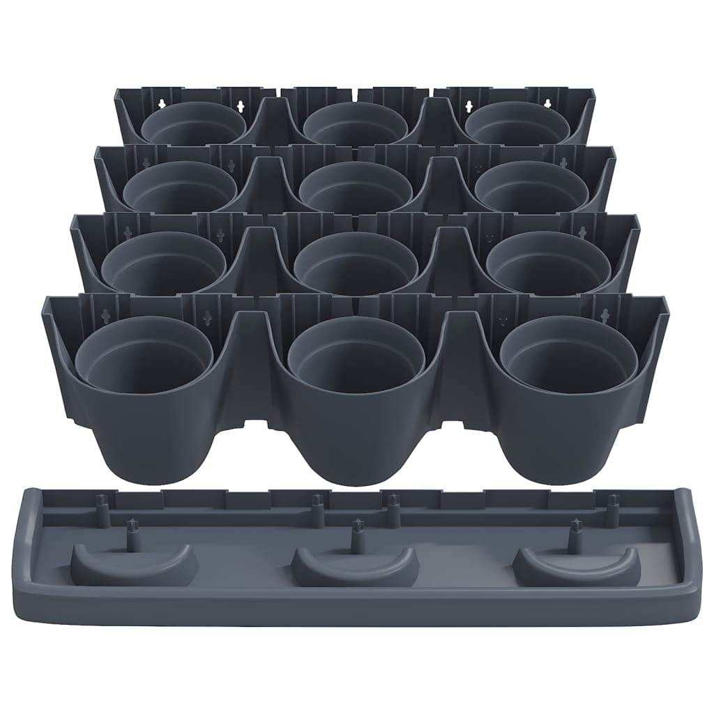 Set di 12 vasi verticali in polipropilene antracite - Vaso da fiori da parete con sistema di irrigazione intelligente - Supporto modulare per erbe, verdure e fiori