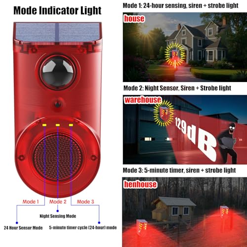 Image of Solar Motion Sensor Alarm Device - Waterproof, Multi-Mode, Wide-Angle Sensing, 129dB Alarm & Strobe Lights for Indoor & Outdoor Security 6Pack