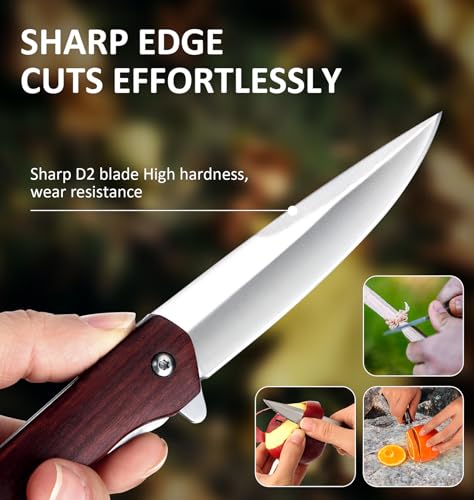 Folding-Pocket-Knife-Sharp-and-Solid-D2-Blade-Wood-Handle-Flipper-Camping-Folding-Knife-with-Liner-Lock-Good-for-EDC-Outdoor-Survival-Camping-Collection