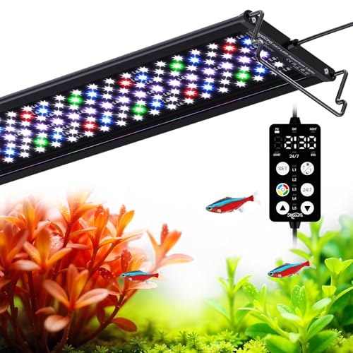 SEAOURA LED Aquarium Light, 24/7 Custom Timer, Power-Off Memory,7-Row LED 12-18in Full Spectrum Fish Tank Light, 8 Colors, 20 Brightness, Day&Night Cycle, Adjustable Mount for Freshwater Plant Growth