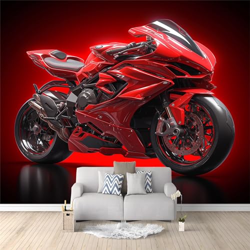 Papier Peint Intissé Moto rouge Déco Murale Maison Chambre Salon, Photo Murale Décorative - Pour Jeunesse Enfants 300 x 210 cm