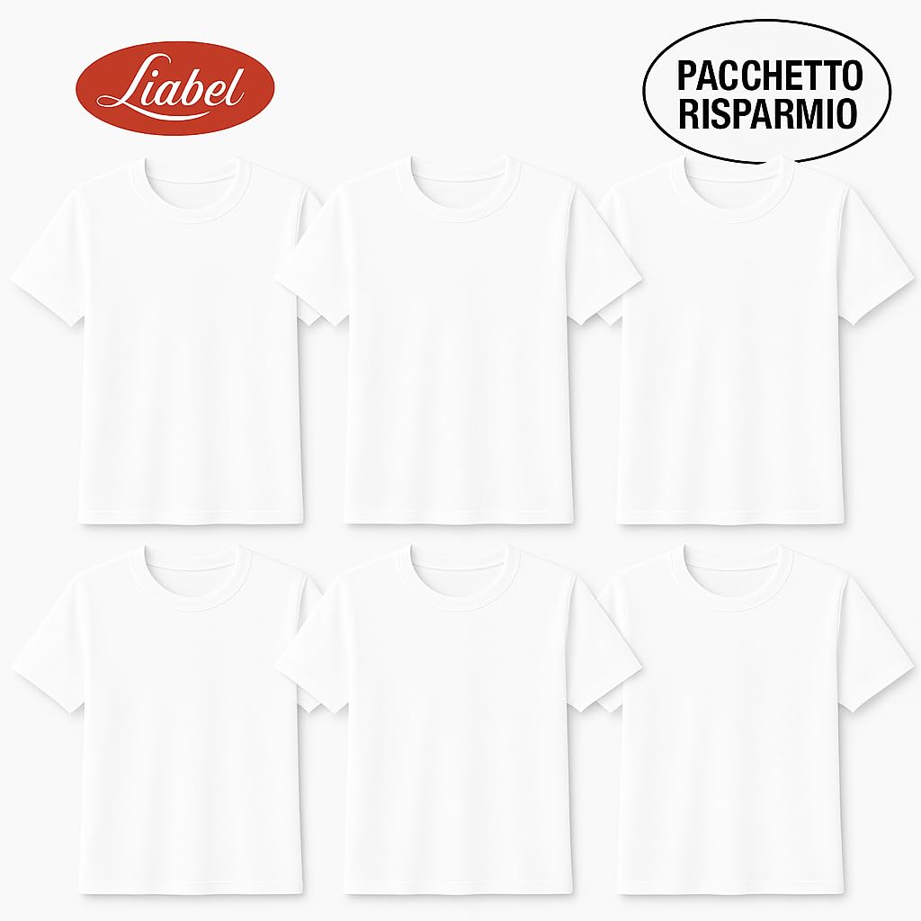 Set 3-6 Maglia Termica Uomo Liabel, Made in Italy - 100% Caldo Cotone Interlock - Intimo Invernale Morbido e Traspirante - Maglie a Manica Corta in Thermocotton Bianco o Nero, 3 o 6 Pezzi