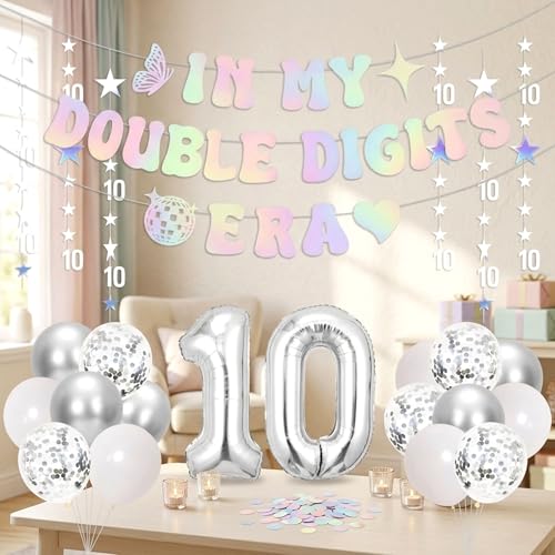Image of 10th Birthday Decorations Silver, In My Double Digits Era Banner, Happy 10th Birthday Decorations for Girls Boys Double Digits Party Supplies Silver Number 10 Balloon Butterfly 10 Party
