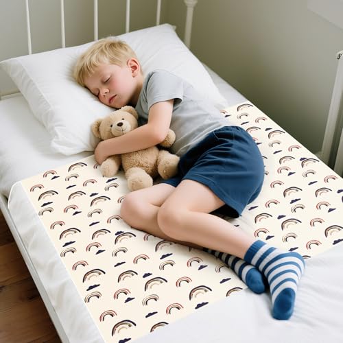 Aolso Potty Training Bed Pads PU Bed Wetting Sheets for Kids 86 * 91cm Bedwetting Mattress Protector with Side Wing Tucks Non Slip Absorb Water Pads Toddler Sheet Protector-Rainbow-PU