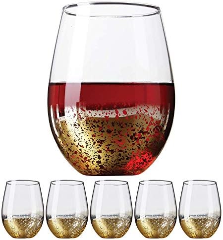 Kitchen Lux 18 oz Gold Rimmed Stemless Wine Glasses for Parties – Set of 6 Gold Wine Glass Cocktail Tumblers – Large Crystal Clear Wine Cups - Deluxe Glassware Gift for Christmas - Dishwasher Safe