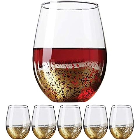Kitchen Lux 18 oz Gold Rimmed Stemless Wine Glasses for Parties - Set of 6 Gold Wine Glass Cocktail Tumblers - Large Crystal Clear Wine Cups - Deluxe Glassware Gift for Christmas - Dishwasher Safe Cover