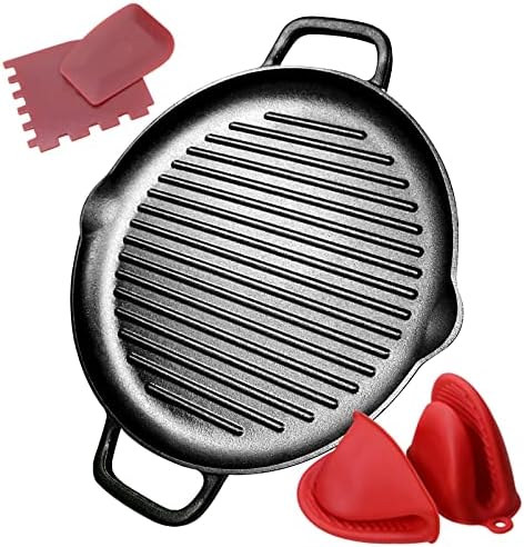 Cast Iron Grill Pan 12.6 inch Pre-Seasoned Cast Iron Griddle Pan Dual Handles Cast Iron Skillets for BBQ Round Cast Iron Griddle for any Stove Top and all Cooking Tops