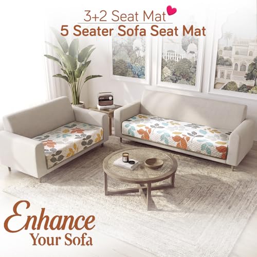 Image of HOKIPO 'Homehues Series' Printed Quilted Sofa Cover Mat for 5 Seater - (3+2), Multicolor Leaves (IN-807 + IN-809 - D2)