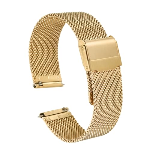 Pulseira de relógio de malha de aço inoxidável 316L de 18 mm de liberação rápida, ajustável, para homens e mulheres, tom dourado