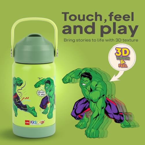 Image of CELLO Kidzbee Gen Alpha Stainless Steel Kids Flask Water Bottle 370 ml | 3D Hulk Touch & Feel Design, Leakproof Lightweight Easy to Carry Hot and Cold Kids Flask Water Bottle for School & Travel