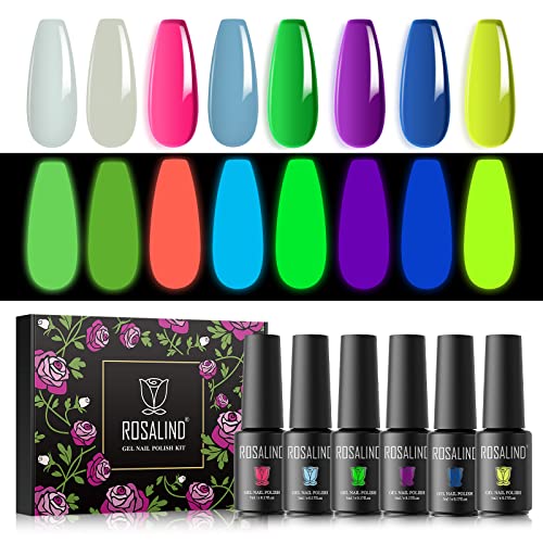 ROSALIND Pintauñas Semipermanentes, Color Neón Luminoso Esmalte Semipermanente, Colori Rosa Morado Azul Amarillo Verde Blanco, 5ml UV Gel de Uñas Semipermanente, Semipermanente Set 8Pcs