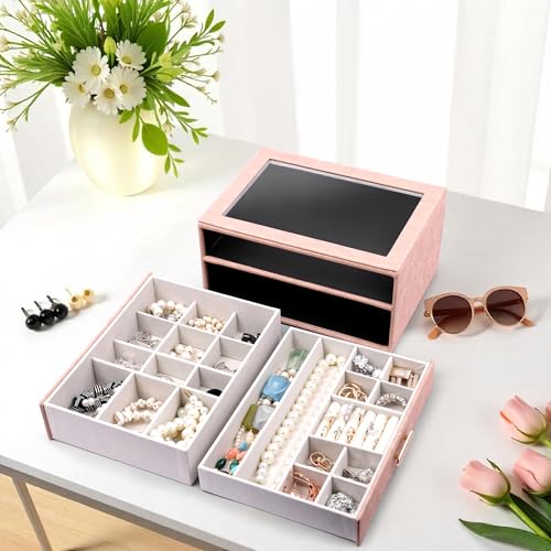 Image of BucketList Premium PU Leather Jewellery Organizer Box with Glass Lid | 2 Pull-Out Drawers Multi-Compartment Storage for Rings, Earrings, Necklaces & Bracelets (2-Layer Jewelry Box (Pink))