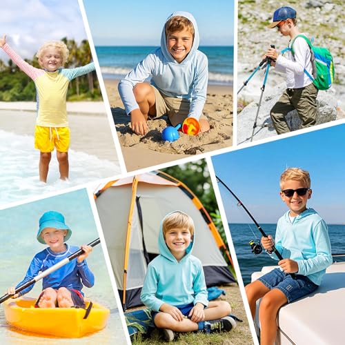 Image of Boys Rash Guard Long Sleeve Hoodie Swim Shirt with Pocket Youth Kids UPF 50+ Sun Protection Fishing Shirts Thumb Hole