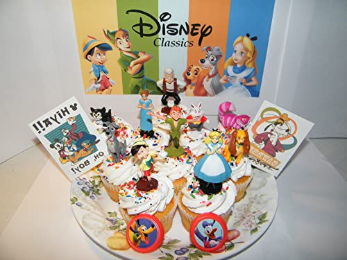 Alice in Wonderland Cake Toppers, Peter Pan Movie Cake Toppers, Pinocchio Movie Cake Toppers, Lady and the Tramp Cake Toppers Cupcake Party Decorations Set of 14