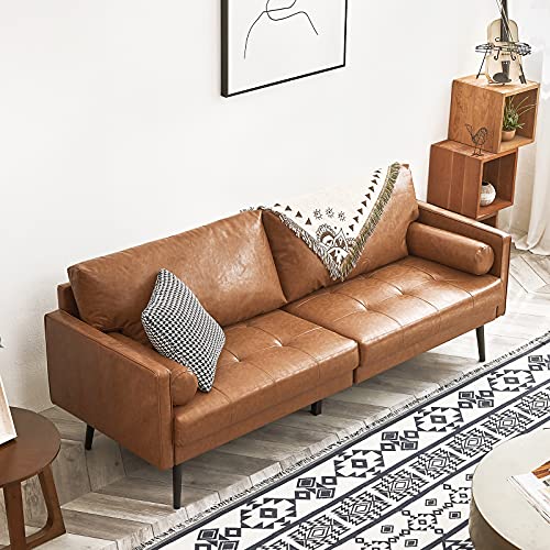 Vonanda Faux Leather Sofa Couch, Mid-Century 73 Inch 3 Seater Leather Couch With Hand-Stitched Comfort Cushion And Bolster Pillows For Living Room,Elegant Cognac Tan #TOP2