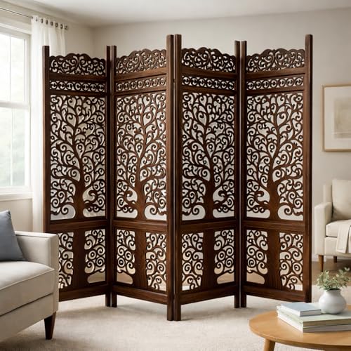Image of Wooden Handcrafted Wooden Partition for Room Carved Premium Carved Wooden Partition Screen for Bedroom /Living Room /Home /Office (6 Feet 4 Panel New Tree Design) (6 Feet 4 Panel Brown)