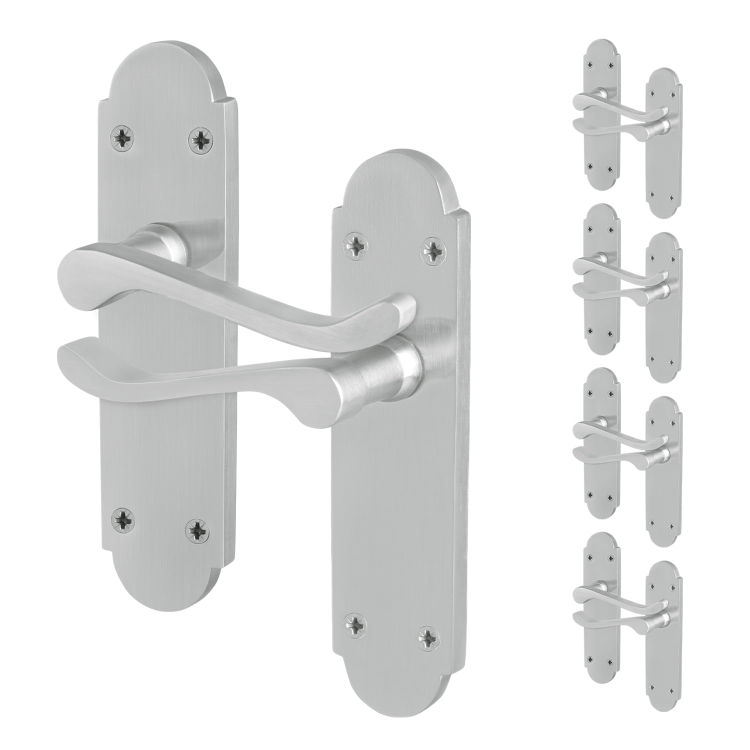 EAI Satin Door Handles Latch, 5 Pairs of Internal Satin Chrome Victorian Scroll Shaped Backplate Handles