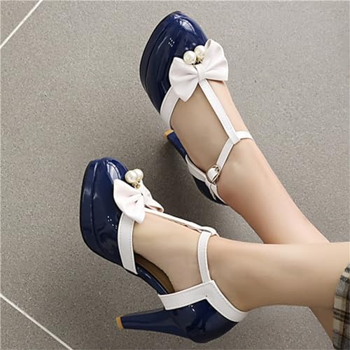 Image of Elbslutt Women's Cute Retro Rockabilly Shoes T Strap Mary Janes Heels Chunky Cosplay Shoes Sweet Block Heeled Bow Pumps