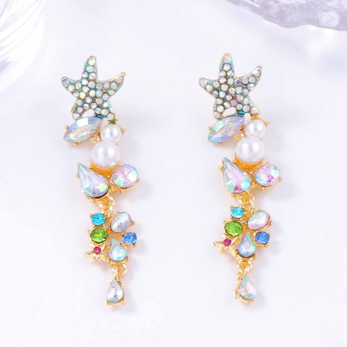 Gold Plated Rhinestone Starfish Ocean Sea Statement Dangle Earrings with Long Teardrop Shell Pearl Colorful CZ Charms Drop Dangling Stud for Women Lightweight Beachy Jewelry - Image 6